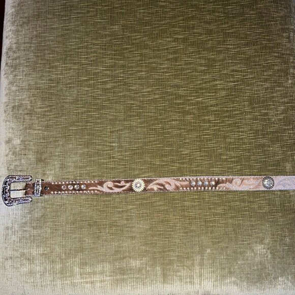 Nocona Brown Calf Hair Leather Studded Iridescent Rhinestone Belt M 32.5-38.5” - Picture 13 of 16